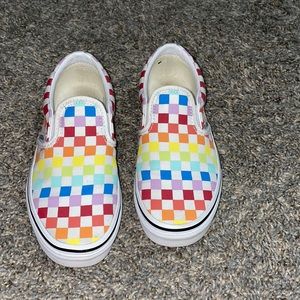 Size 3.5Y Vans colorful checkered slip ons